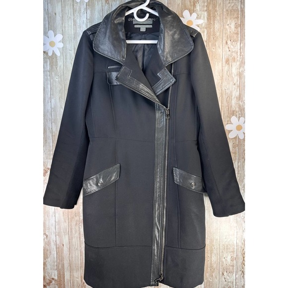 PROENZA SCHOULER Italian Womens Wool Coat Sz 8 Black Leather Trim Single Pocket - Picture 1 of 13
